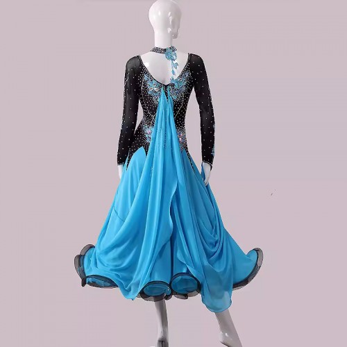 Custom size turquoise with black competition ballroom dance dresses for women girls waltz tango foxtrot smooth dancing long dress for female